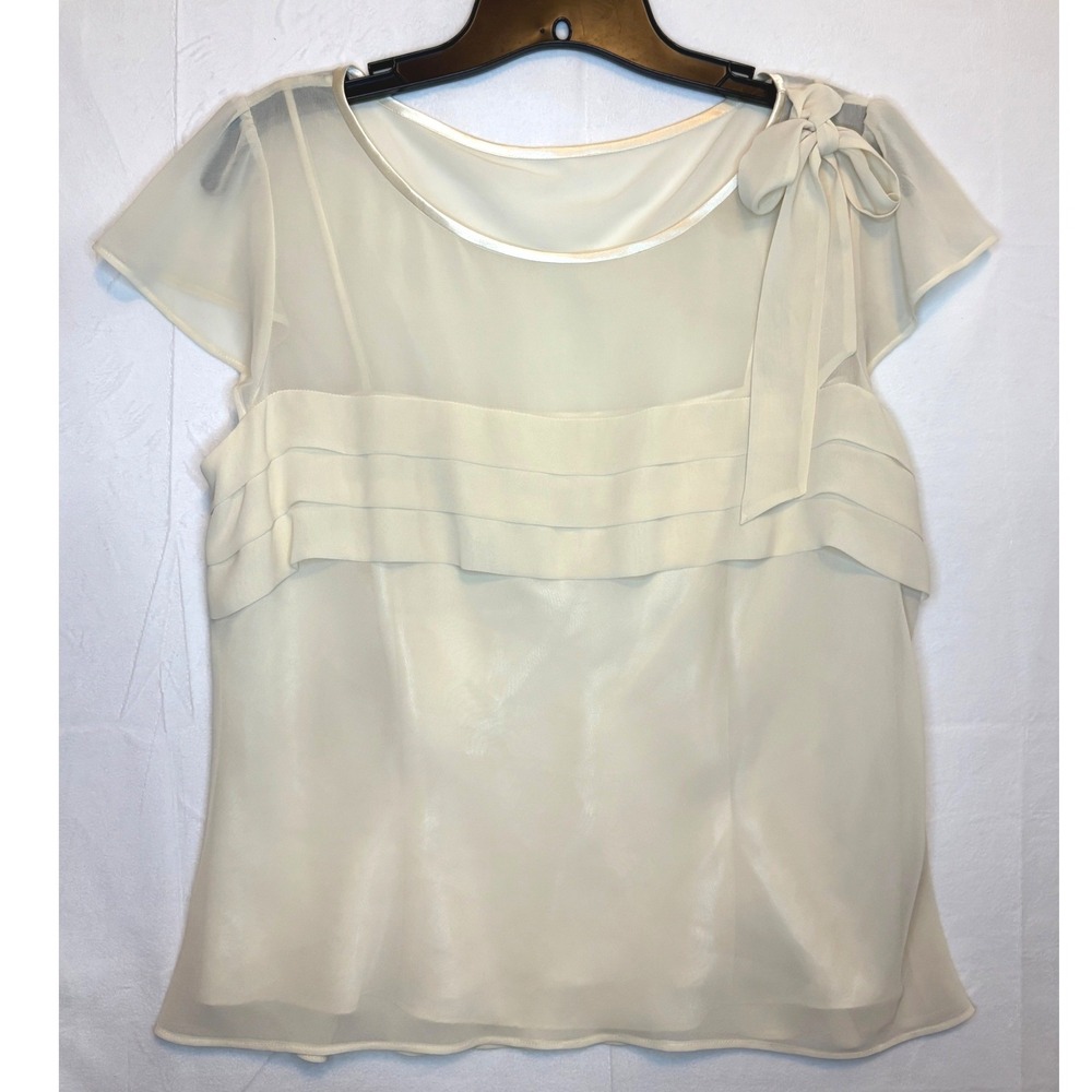 Liz Claiborne Top Women 12 Ivory Blouse Bow Shoulder Tiered Ruffle Sheer NWT